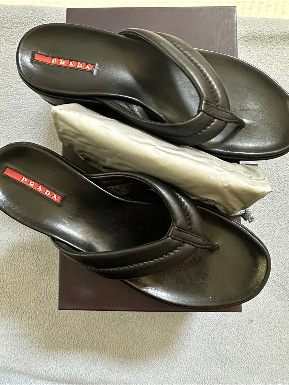 Prada Black Leather Ladies Thong Sandals with Red Logo, dust bag, Size 38. US 8